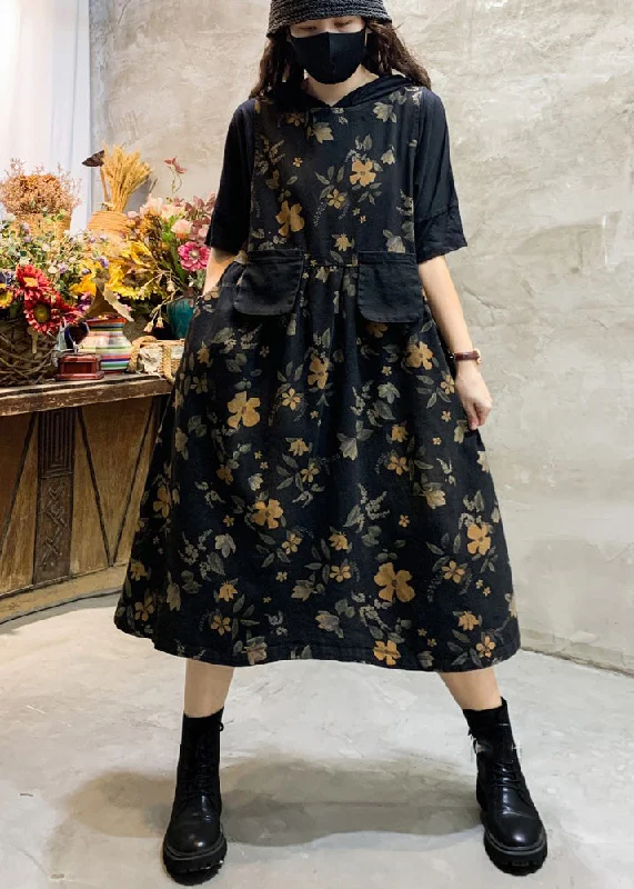 Great Deals modern dressmodern dressFashion Black O-Neck Print Pockets Cotton Long Dress Sleeveless