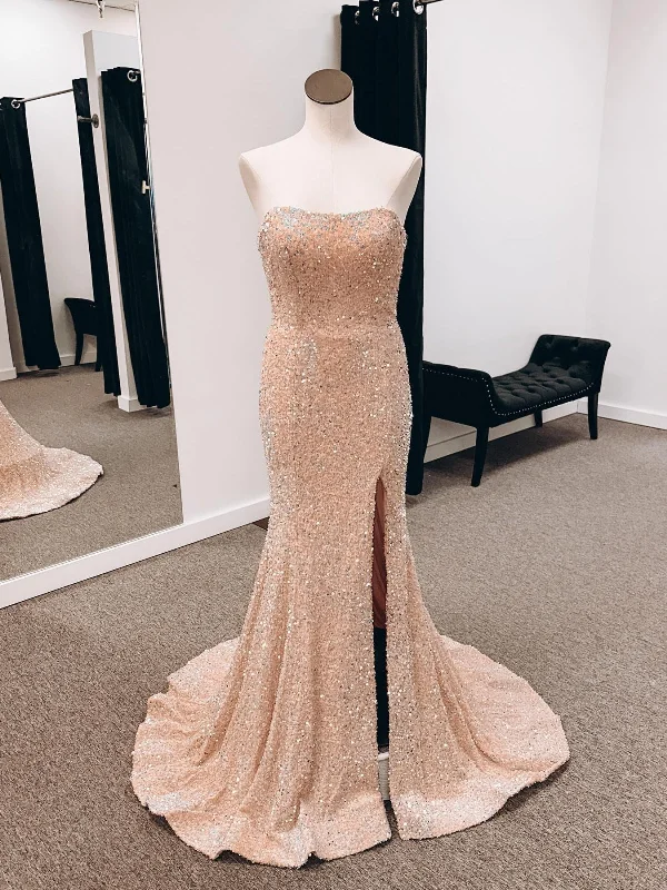Exclusive Access formal dressformal dressStrapless Mermaid Light Champagne Long Prom Dresses with High Slit, Mermaid Champagne Formal Dresses, Champagne Evening Dresses SP2695