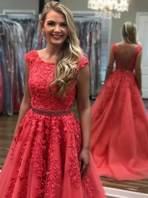 Hurry In boho-chic dressboho-chic dressRound Neck Open Back Coral Lace Long Prom Dresses with Belt, Coral Lace Formal Evening Dresses SP2925 Hurry In boho-chic dressboho-chic dressRound Neck Open Back Coral Lace Long Prom Dresses with Belt, Coral Lace Formal Evening Dresses SP2925