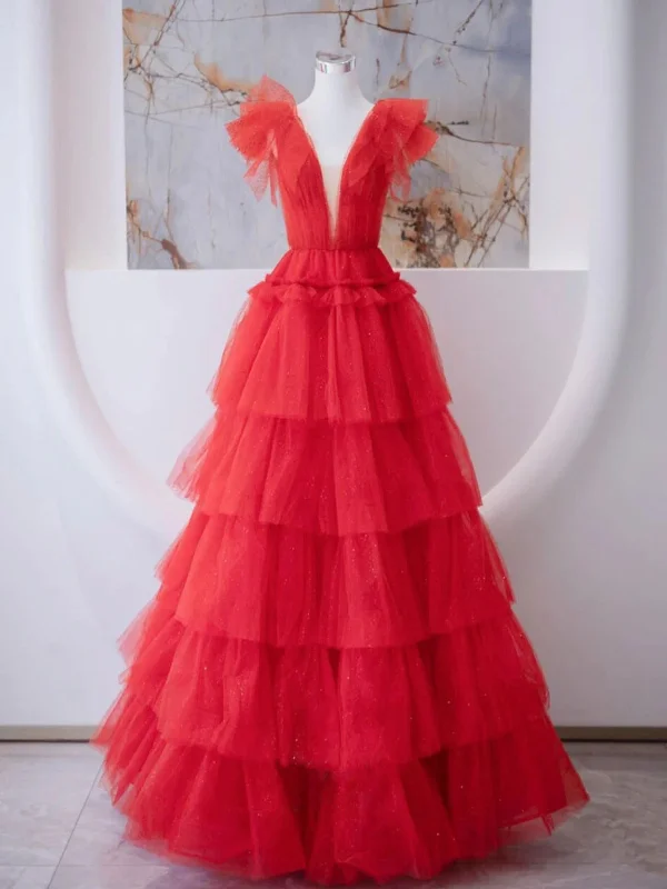 Best Bargains floral dressfloral dressV Neck Red Tulle Layered Long Prom Dresses, Long Red Formal Graduation Evening Dresses, Red Ball Gown SP2785