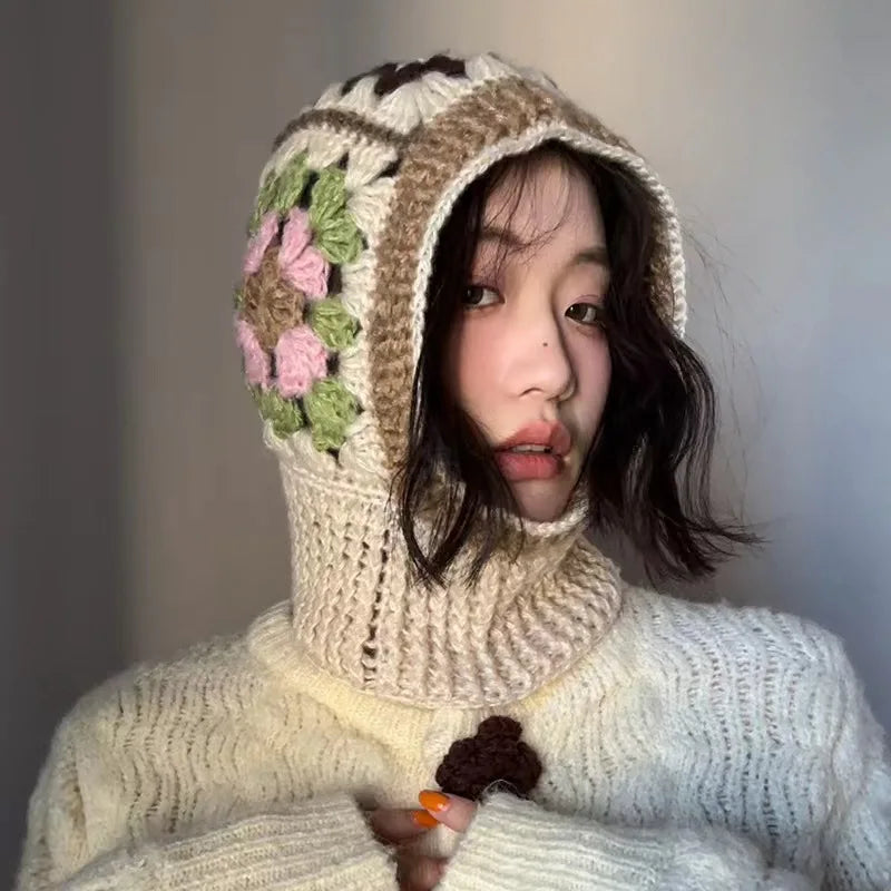 Final Markdown Lunivop Knitted Hooded Caps Winter Balaclava Hats Women Korean Style Outdoor Warmer Drawstring Hats One-piece Neck Collar Beanies Cap