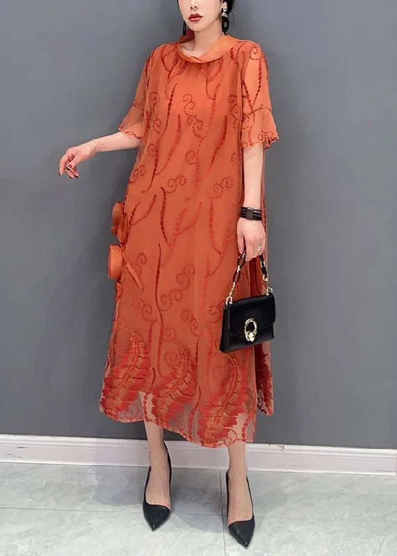 Exclusive Savings evening dressevening dressFrench Orange Stand Collar Embroideried Tulle Dresses Summer