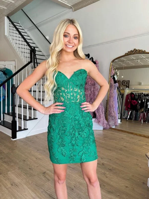 TIME-Limited Offer boho dressboho dressStrapless Beaded Green Lace Short Prom Dresses, Green Lace Homecoming Dresses, Green Formal Graduation Evening Dresses SP2712