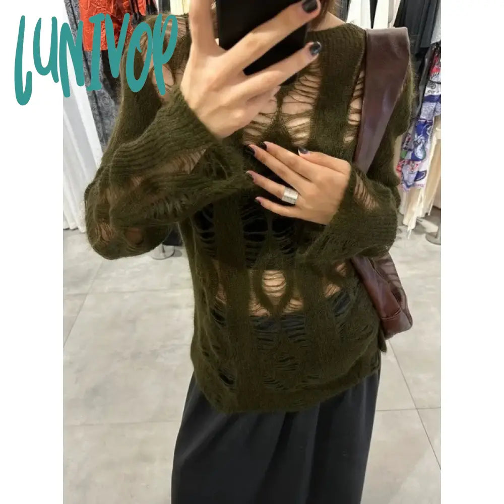 Savings Event Lunivop Y2K Women's Sweater Harajuku Knitwear Hole Kint Spring Oversize Jumper Hollow Out Pullovers Vintage Streetwear Gyaru