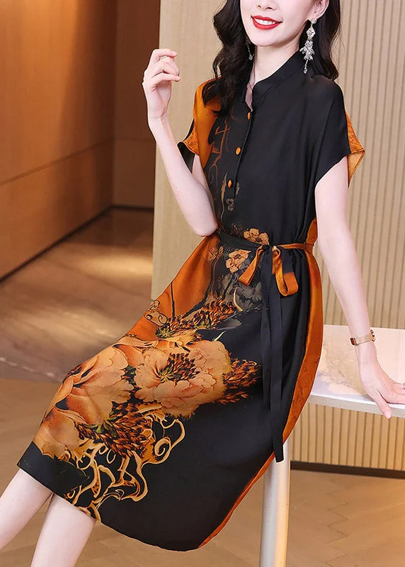 wool dressSexy Casual O-Neck Print Button Tie Waist Silk Maxi Dresses Short Sleeve