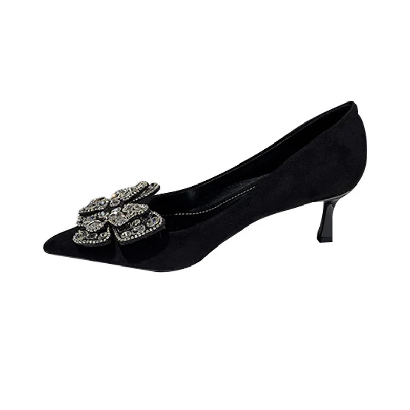 Super Sale shift dressshift dressBlack Suede Rhinestone Bowknot Pointy Stiletto Heels 770222542136