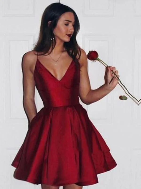 Last Chance minimalistic dressminimalistic dressSexy A Line V Neck Short Burgundy Prom Dress with Spaghetti Straps, Short V Neck Burgundy Homecoming Dress, Formal Dress