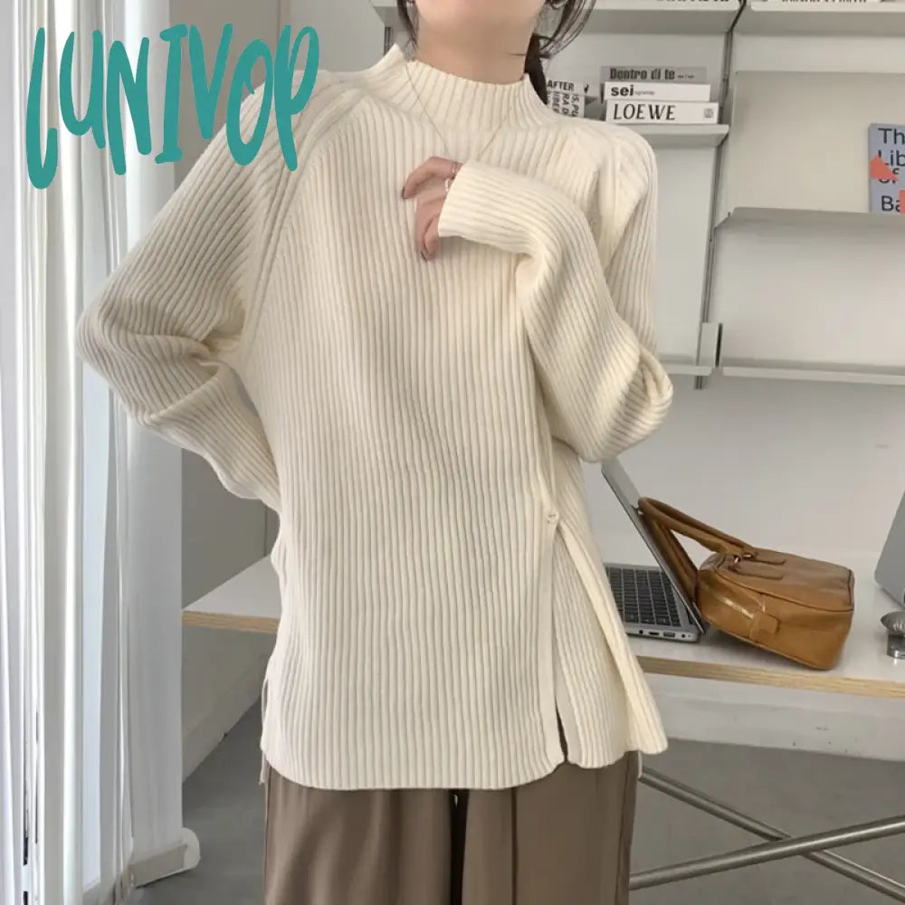Super Savings Lunivop Autumn and Winter Temperament Half-high Neck Side Slit Pullover Top Korean Version of the Fashion Long-sleeved Sweater Knitwear