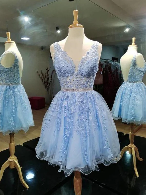 Final Clearance casual knit dresscasual knit dressV Neck Open Back Light Blue Lace Prom Dresses, Backless Light Blue Lace Homecoming Dresses, Short Light Blue Lace Formal Evening Dresses