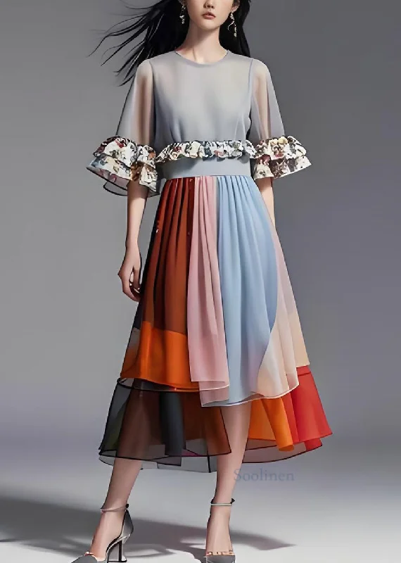 formal dressLoose Colorblock Ruffled Organza Patchwork Chiffon Long Dresses Summer