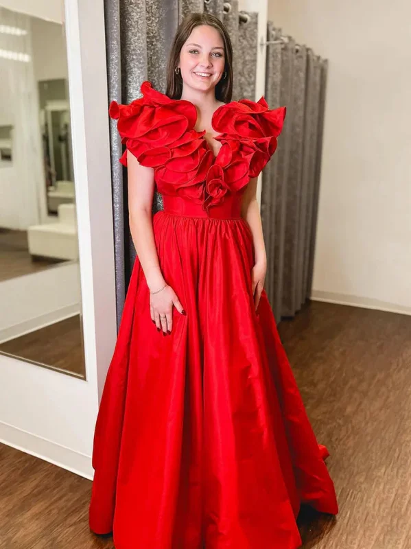 Bonus Savings long-sleeve floral dresslong-sleeve floral dressA Line Ruffle V Neck Red Satin Long Prom Dresses, Long Red Formal Graduation Evening Dresses SP3069