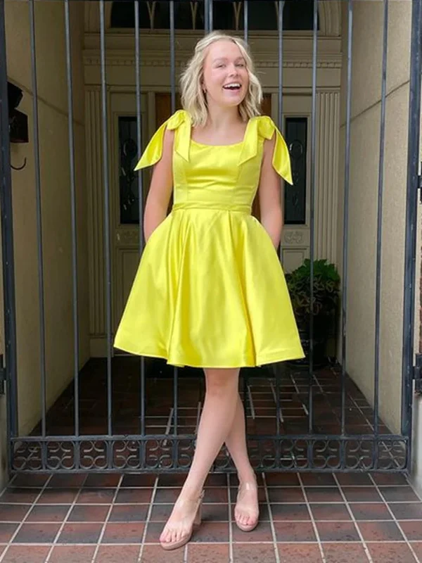 Massive Deals floral dressfloral dressYellow Satin Short Prom Dresses with Pocket, Short Yellow Homecoming Dresses, Yellow Formal Evening Dresses SP2470