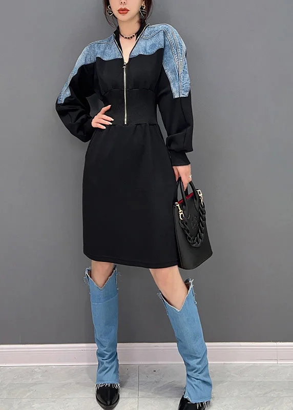 Deal Explosion A-line dressA-line dressSlim Fit Black V Neck Zippered Patchwork Denim Maxi Dresses Long Sleeve