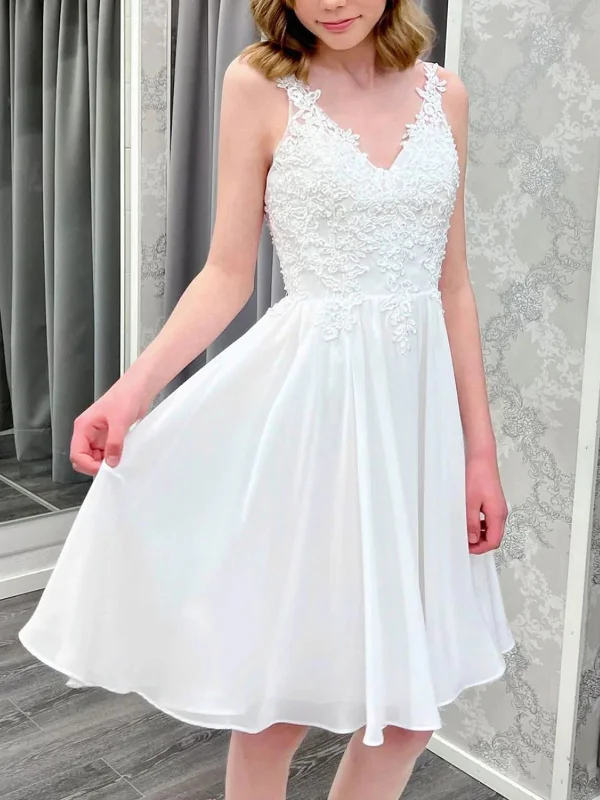Discount Deals casual day dresscasual day dressOpen Back V Neck White Lace Short Prom Dresses, White Lace Homecoming Dresses, Short White Formal Graduation Evening Dresses SP2450