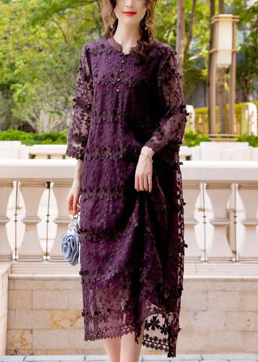 Price Drop trendy dresstrendy dressWomen Dark Purple Embroideried Hollow Out Organza Long Dress Spring