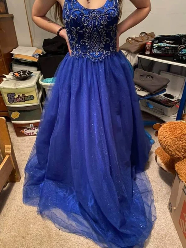 Final Markdown silk dresssilk dressShiny A Line Beaded Blue Tulle Long Prom Dresses, Blue Formal Graduation Evening Dresses with Beadings SP3092