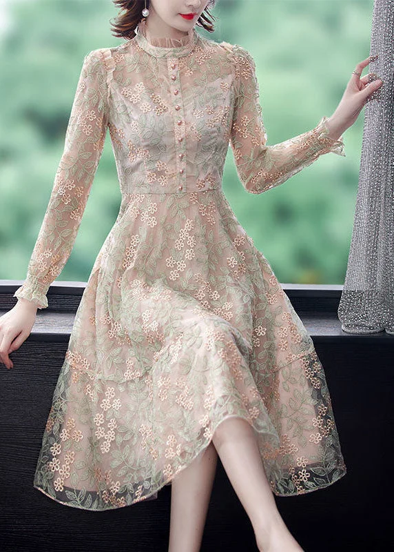 Price Drop A-line dressA-line dressFrench Beige Stand Collar Embroideried Exra Large Hem Tulle Dresses Spring