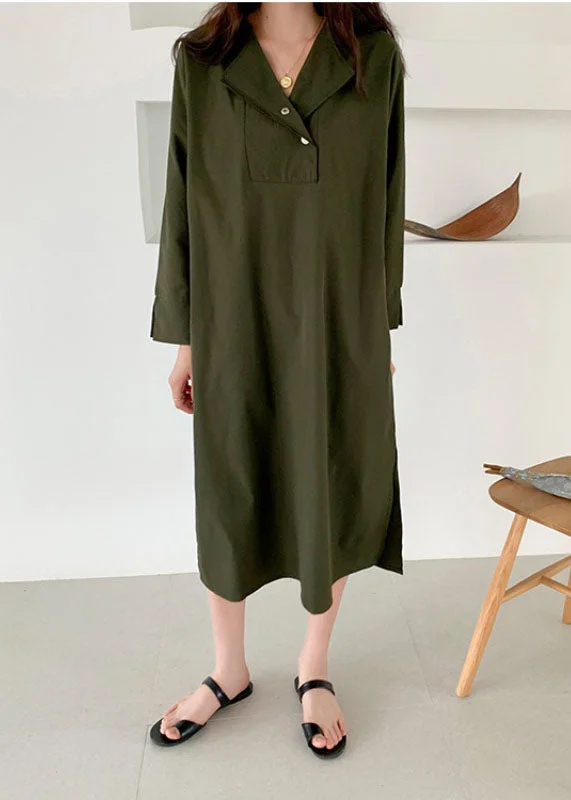 Limited Time elegant maxi dresselegant maxi dressLoose Army Green V Neck Side Open Patchwork Cotton Dress Spring