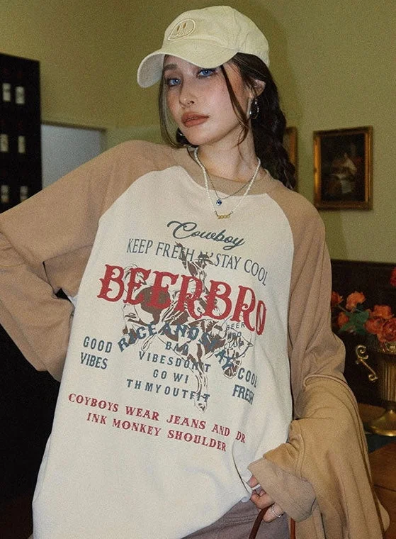 New Markdowns BEERBRO Graphic Letter Print Patchwork Long Sleeve Sweatshirt