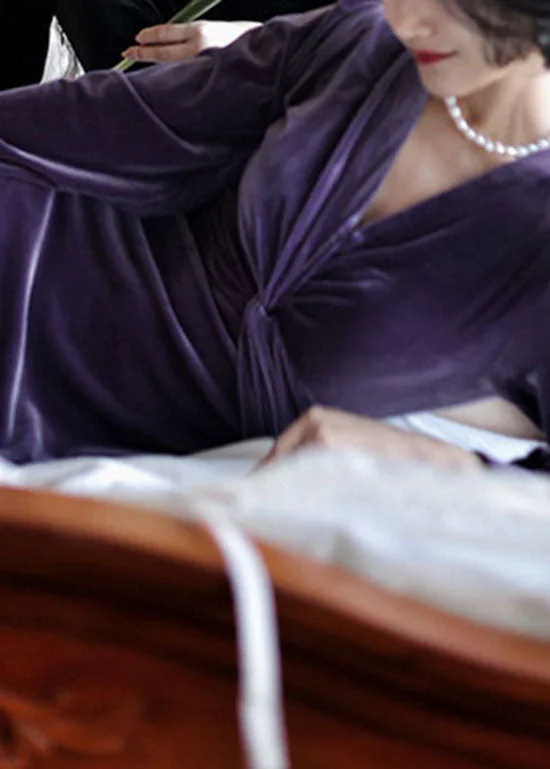 Limited Time tiered dresstiered dressWomen Purple V Neck Slim Fit Silk Velour Dresses Long Sleeve