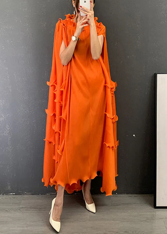 casual slip dressItalian Orange O-Neck Ruffled Patchwork Vestidos Dress Short Sleeve