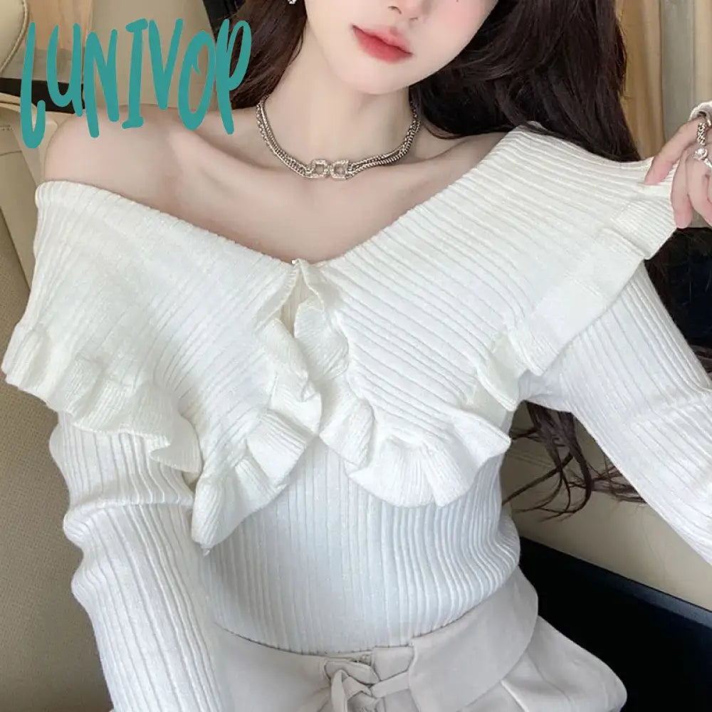 Price Smash Lunivop Wooden Ear Edge Doll Collar Knitted Autumn and Winter Slim Fit Long Sleeve Pullover Sweater Sweet Temperament Top