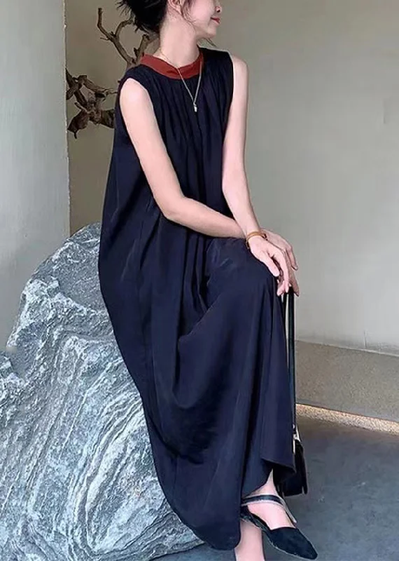 off-the-shoulder dressFrench Black O-Neck Wrinkled Cotton Dresses Sleeveless