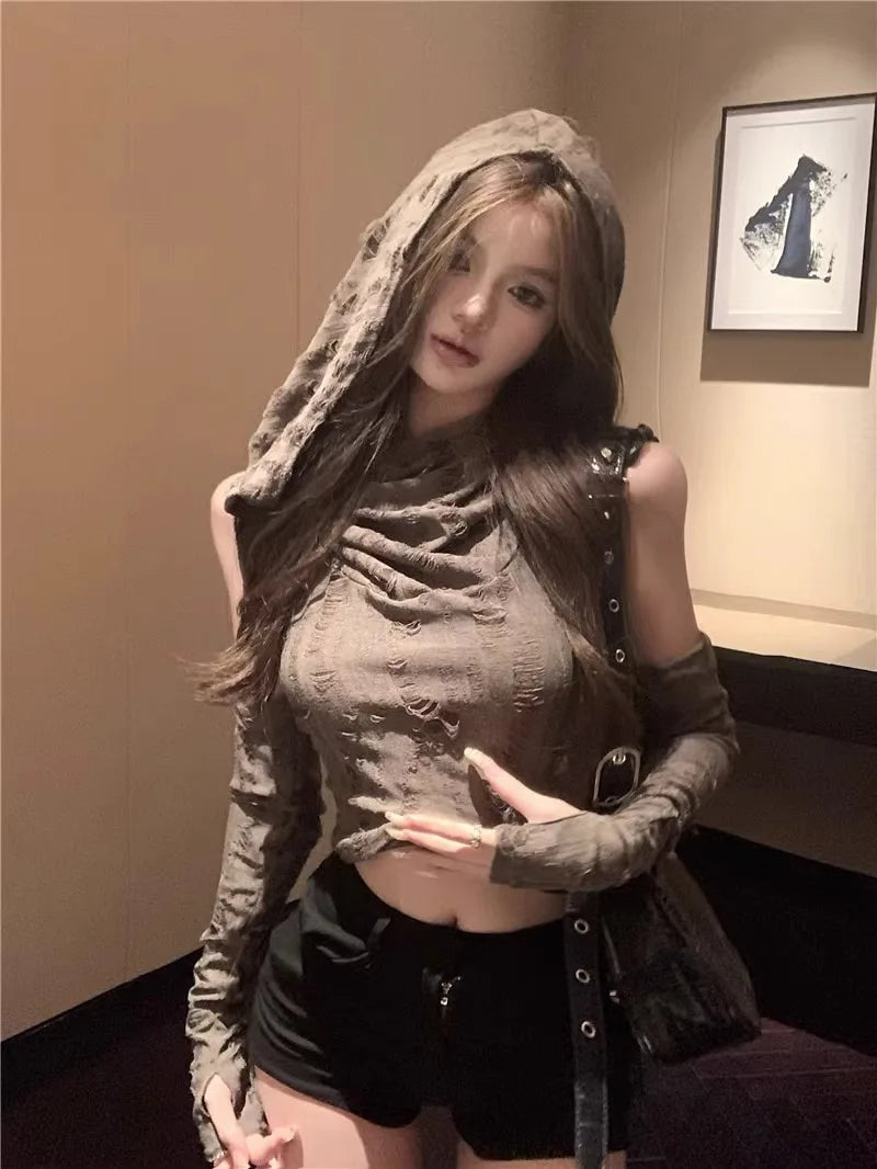 Deal Dash Waste soil style Vintage  Tops Sleeveless With Hoody Y2k Retro Crop Top Streetwear 2000S broken vest with hooded undershirt