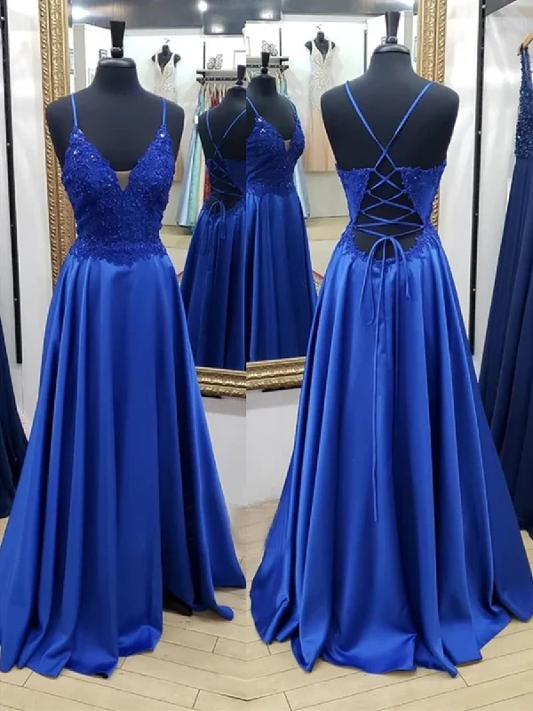 Overstock evening dressevening dressA Line V Neck Backless Long Blue Lace Prom Dresses, Backless Blue Lace Formal Graduation Evening Dresses