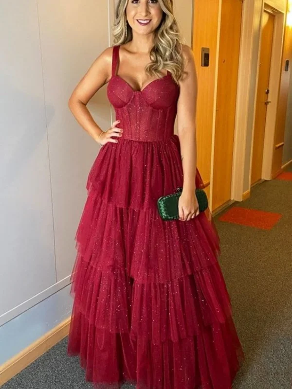 Epic Deals chic wrap dresschic wrap dressShiny Spaghetti Straps Layered Burgundy Tulle Long Prom Dresses, Long Burgundy Formal Graduation Evening Dresses SP2900