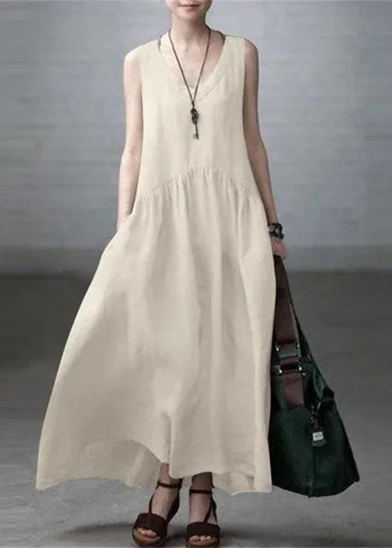 Deal of the Day velvet dressvelvet dressElegant Beige V Neck Wrinkled Patchwork Cotton Mini Dress Sleeveless