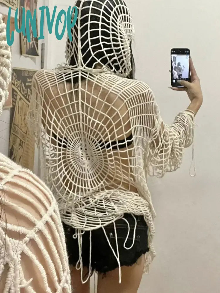 Discount Deals Lunivop Goth Grunge Y2k Crochet Tops Women Streetwear Knit Spider Web Hooded Mesh Pullover High Street Hollow Clothes Sweaters