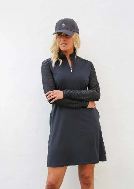 Deep Discounts fitted dressfitted dressFamara Sheer Sleeve Golf Skater Dress - Charcoal