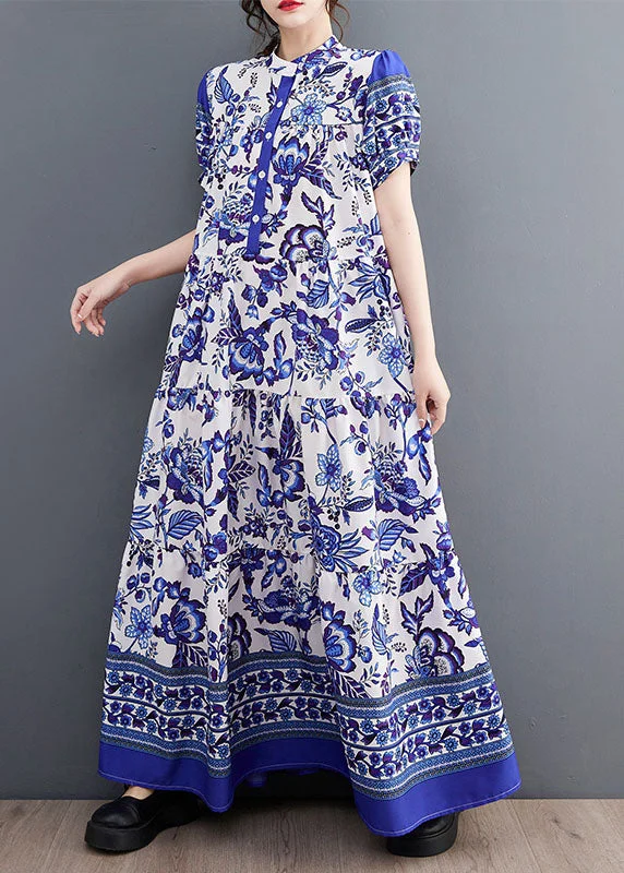 Instant Discount elegant evening dresselegant evening dressBohemian Blue Print Stand Collar Chiffon Long Dress Lantern Sleeve
