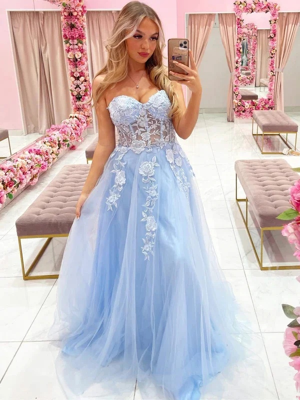 Friends and Family Sale trendy wrap dresstrendy wrap dressStrapless Sweetheart Neck Lace Appliques BLue Long Prom Dresses, Blue Tulle Formal Dresses with Lace Appliques, Blue Evening Dresses SP2392