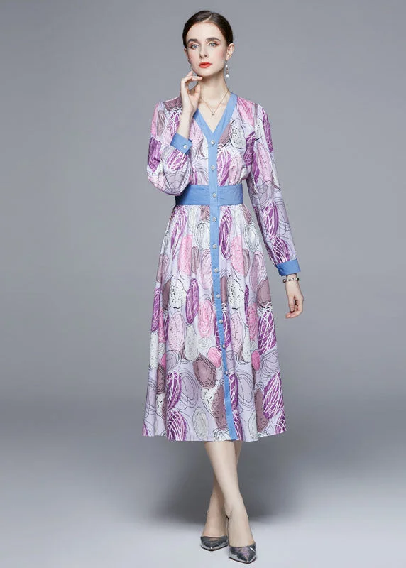 wrap-around dressFashion Light Purple V Neck Patchwork Print Cinch Dress Long Sleeve