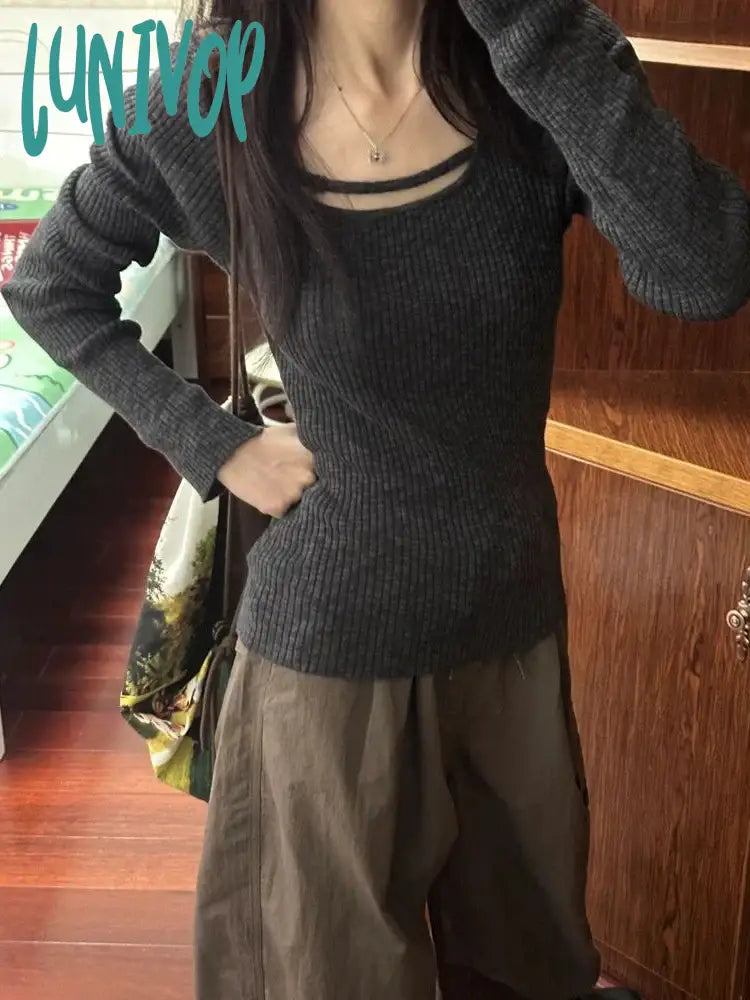 Early Access Lunivop Vintage Gray Knitted Sweater Women Solid Color Knitwears Slim Fit Pullover Crop Jumper Long Sleeve Tops Female Autumn