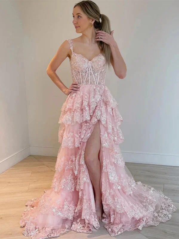 Early Access office dressoffice dressV Neck Pink/Blue/White Lace Layered Long Prom Dresses with High Slit, Pink/Blue/White Lace Formal Evening Dresses SP2614