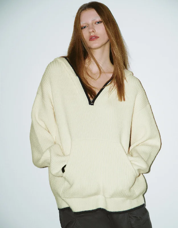 Shop and Save Zip Half Placket Hooded Knitted T-Shirt