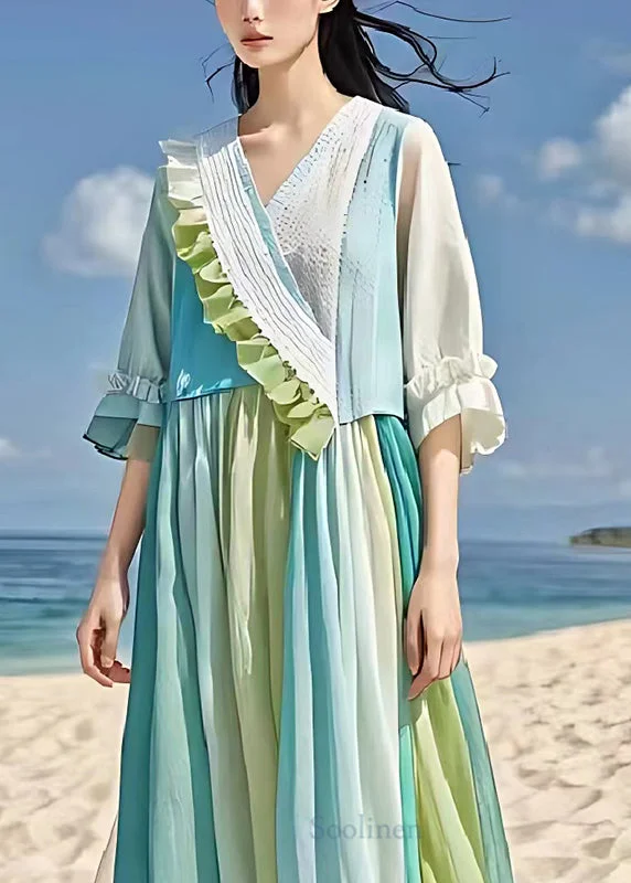 evening dressCasual Light Blue Ruffled Patchwork Wrinkled Linen Dress Summer