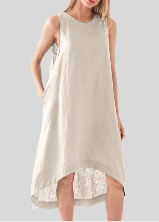 Seasonal Clearance flowy maxi dressflowy maxi dressModern Apricot O Neck Pockets Patchwork Cotton Dress Sleeveless