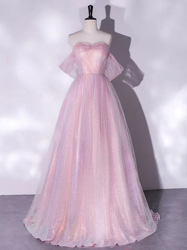 Last Chance pleated dresspleated dressShiny Off Shoulder Pink Tulle Long Prom Dresses, Off the Shoulder Pink Formal Dresses, Pink Evening Dresses SP2647