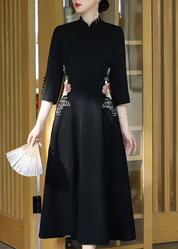 Early Access ruched dressruched dressVintage Black Stand Collar Embroideried Button Party Tulle Maxi Dress Long Sleeve