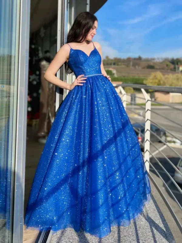 Daily Specials flowy dressflowy dressShiny V Neck Open Back Blue Tulle Long Prom Dresses, Blue Tulle Formal Dresses, Blue Evening Dresses SP2567