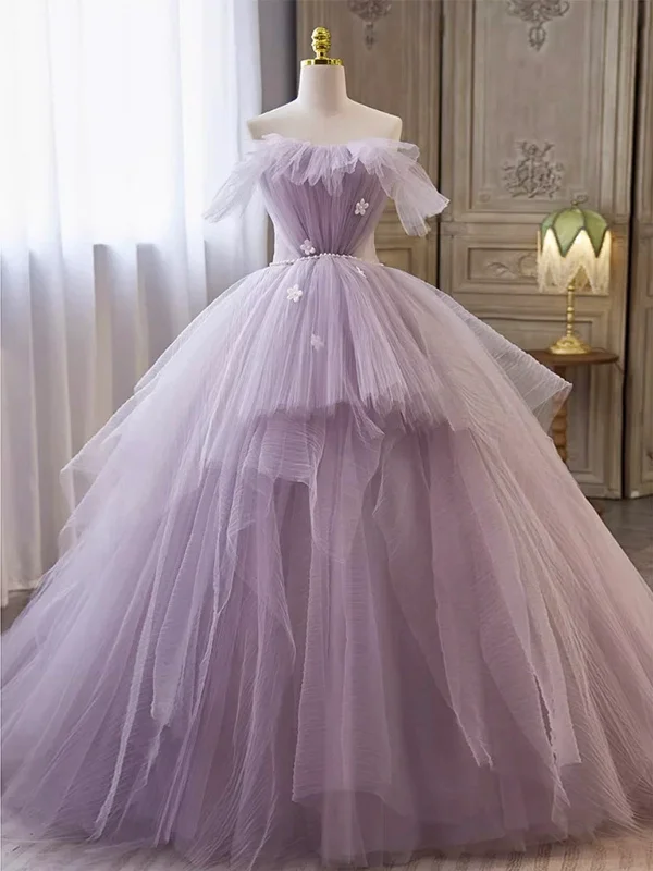 Mega Deal formal dressformal dressStrapless Lilac Tulle Long Prom Dresses with Pearls Belt, Lilac Formal Evening Dresses, Lilac Ball Gown with Appliques SP2810