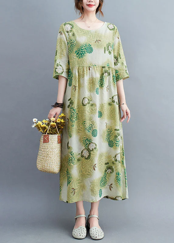 form-fitting dressElegant Green O-Neck Wrinkled Print Cotton Long Dress Half Sleeve