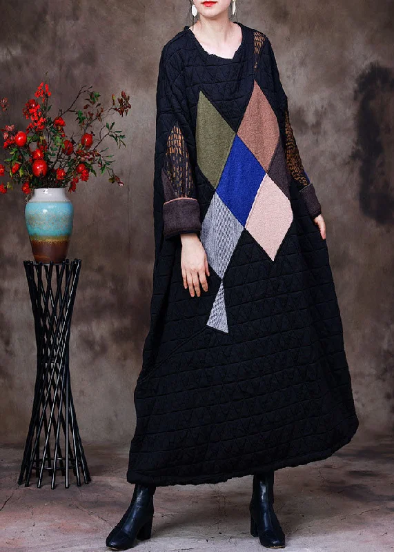 chic wrap dressFine Black O-Neck Oversized Print Fine Cotton Filled Maxi Dresses Gown Winter