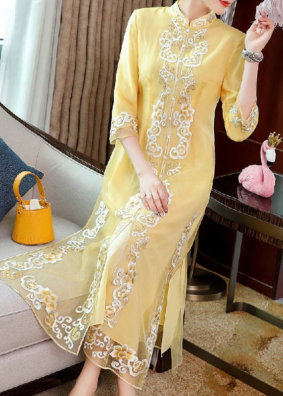 Extra Savings fitted bodycon dressfitted bodycon dressVintage Yellow Stand Collar Embroideried Button Party Tulle Maxi Dress Long Sleeve