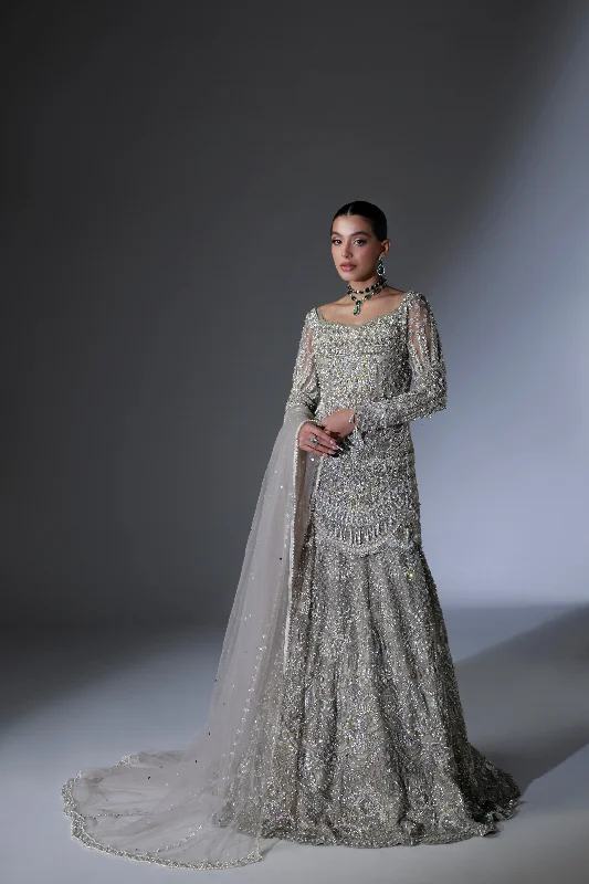 mini dressNet Pakistani Bridal Dress in Grey Lehenga Shirt Style