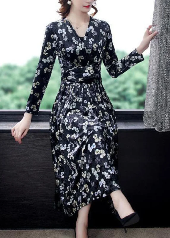 Price Meltdown chic wrap dresschic wrap dressSlim Fit Black V Neck Print Silk Velour Long Dress Spring